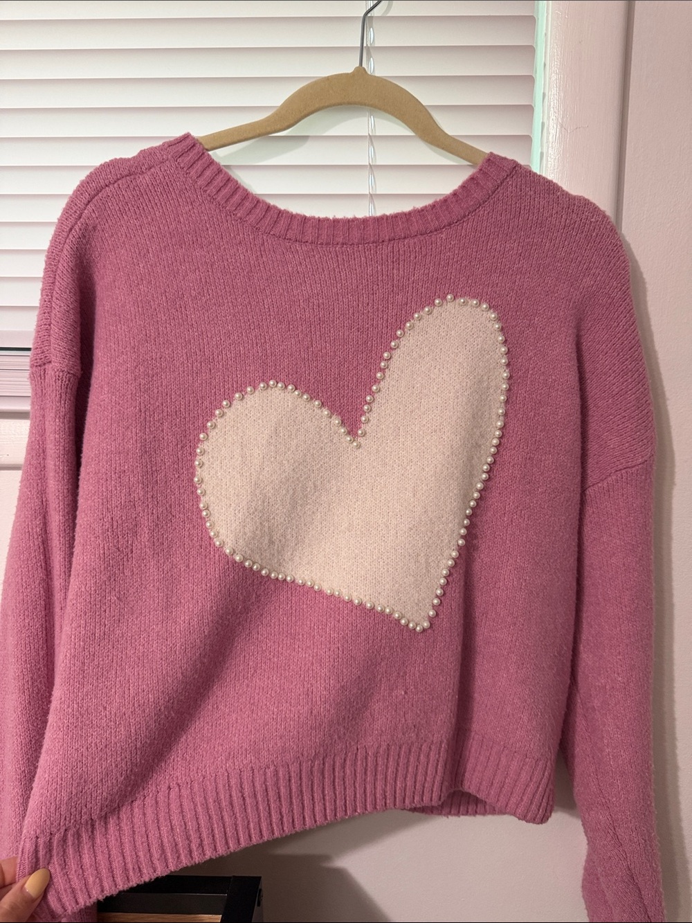 Pink Rose Pink Sweater with Cream Heart & Pearl Trim